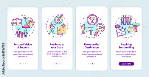 Happiness mindset components onboarding mobile app page screen. Success walkthrough 4 steps graphic instructions with concepts. UI, UX, GUI vector template with linear color illustrations