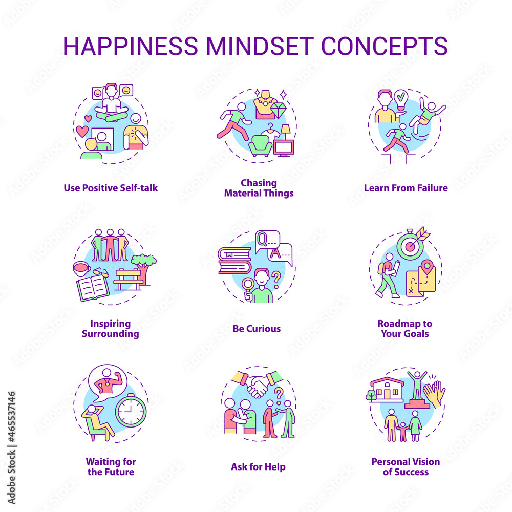 Happiness mindset concept icons set. Personal growth idea thin line color illustrations. Becoming happy. Self vision of success. Goal setting. Vector isolated outline drawings. Editable stroke Happiness mindset concept icons set. Personal growth idea thin line color illustrations. Becoming happy. Self vision of success. Goal setting. Vector isolated outline drawings. Editable stroke