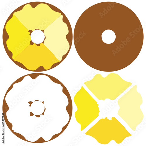 Simple SVG cartoon graphic of a brown round donut shape biscuit cookie with hole and yellow shades of quadrant sectioned icing frosting. Grouped and separated suitable for use with craft cutters