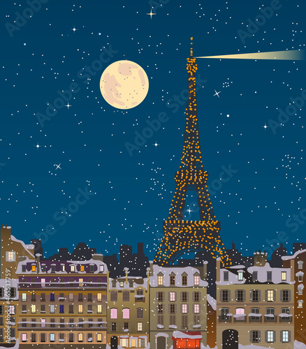 Christmas in Paris, Eiffel Tower at full moon. Vector.