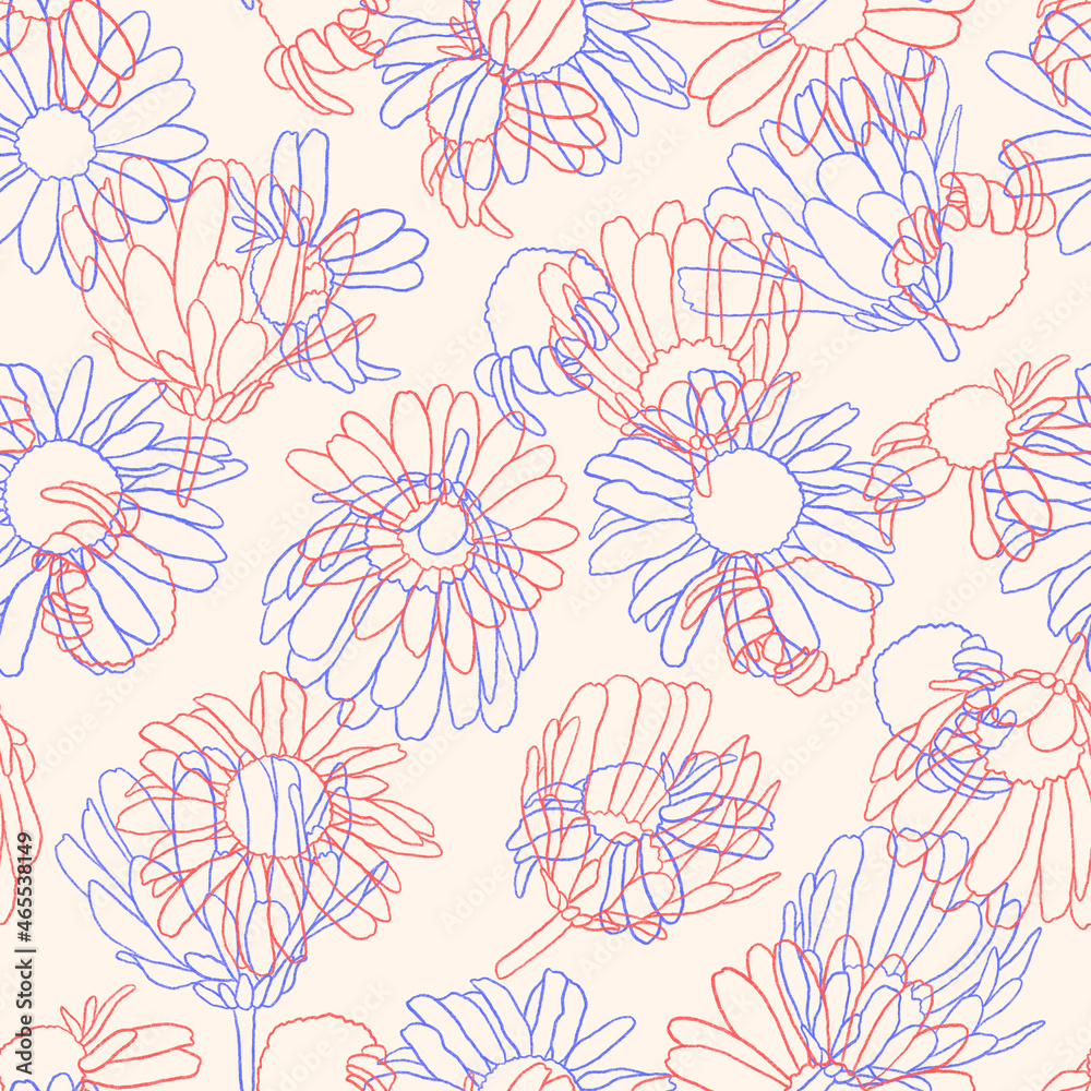 Seamless pattern with hand drawn flowers.