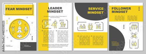 Types of mindsets yellow brochure template. Mindsets classification. Flyer, booklet, leaflet print, cover design with linear icons. Vector layouts for presentation, annual reports, advertisement pages