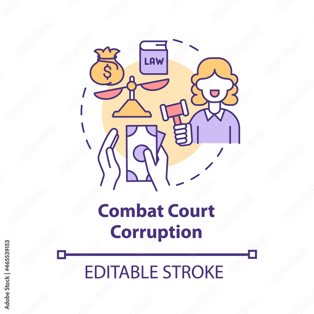 Combat court corruption concept icon. Corrupt judicial system abstract idea thin line illustration. Bribery and political interference. Vector isolated outline color drawing. Editable stroke