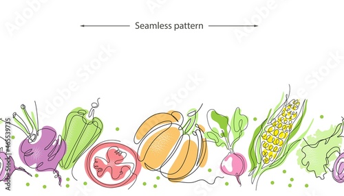Seamless pattern with the image of vegetables. Single line drawing.