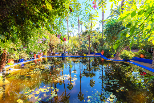  Beautiful blue pond and flowers outdoors in Morocco photo