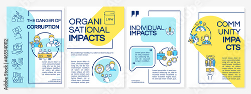 Outcome of corruption brochure template. Bribery impacts. Flyer, booklet, leaflet print, cover design with linear icons. Vector layouts for presentation, annual reports, advertisement pages