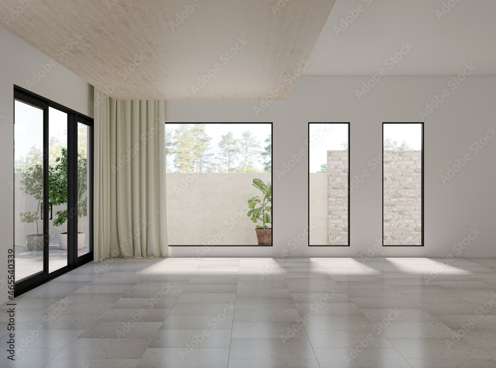 Fototapeta premium Illustration 3D rendering large luxury modern bright interiors Living room mockup computer digitally generated image