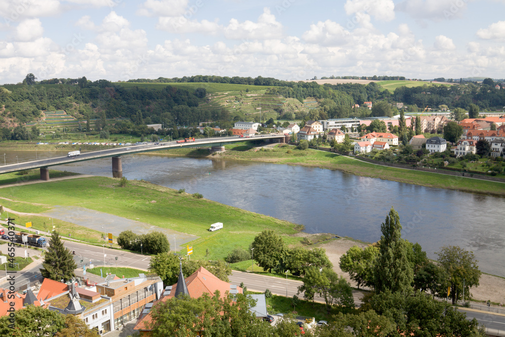 Fototapeta premium Panoramic Meissen cityscape with the Elbe river and a bridge