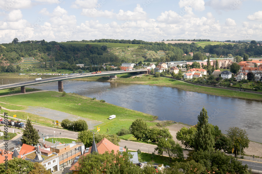 Panoramic Meissen cityscape with the Elbe river and a bridge