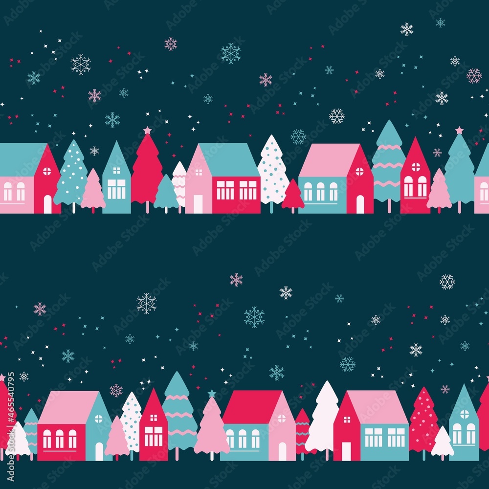 Seamless pattern with cute houses in snowy forest. Simple scandinavian style background with christmass mood for web, print, background, wallpaper, scrapbooking, wrapping paper, textile 