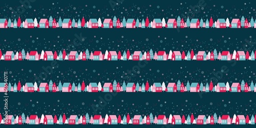 Seamless pattern with cute houses in snowy forest. Simple scandinavian style background with christmass mood for web, print, background, wallpaper, scrapbooking, wrapping paper, textile 