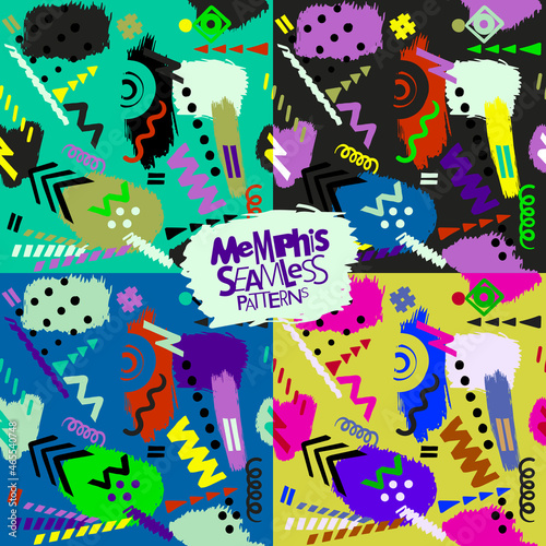 Memphis style seamless patterns collection  vibrant colores vector backgrounds