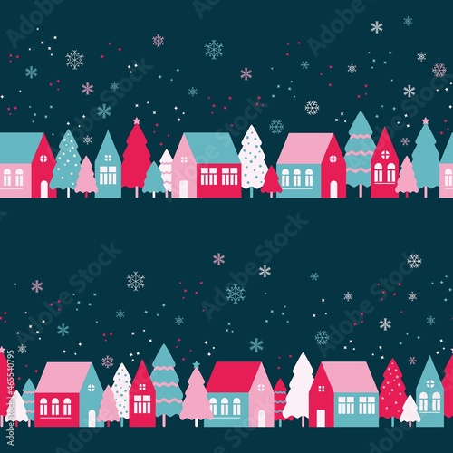 Seamless pattern with cute houses in snowy forest. Simple scandinavian style background with christmass mood for web, print, background, wallpaper, scrapbooking, wrapping paper, textile 