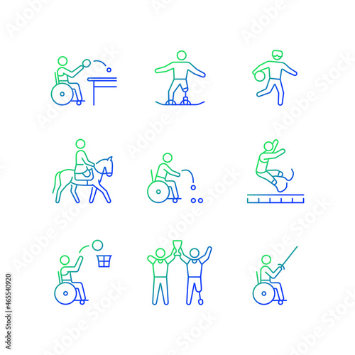 Sport championship gradient linear vector icons set. Varied athletic events. Athletes with physical disability. Thin line contour symbols bundle. Isolated outline illustrations collection