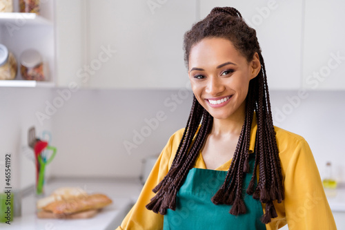 Photo of pretty shiny dark skin woman dressed yellow shirt braids cooking smiling indoors house home room