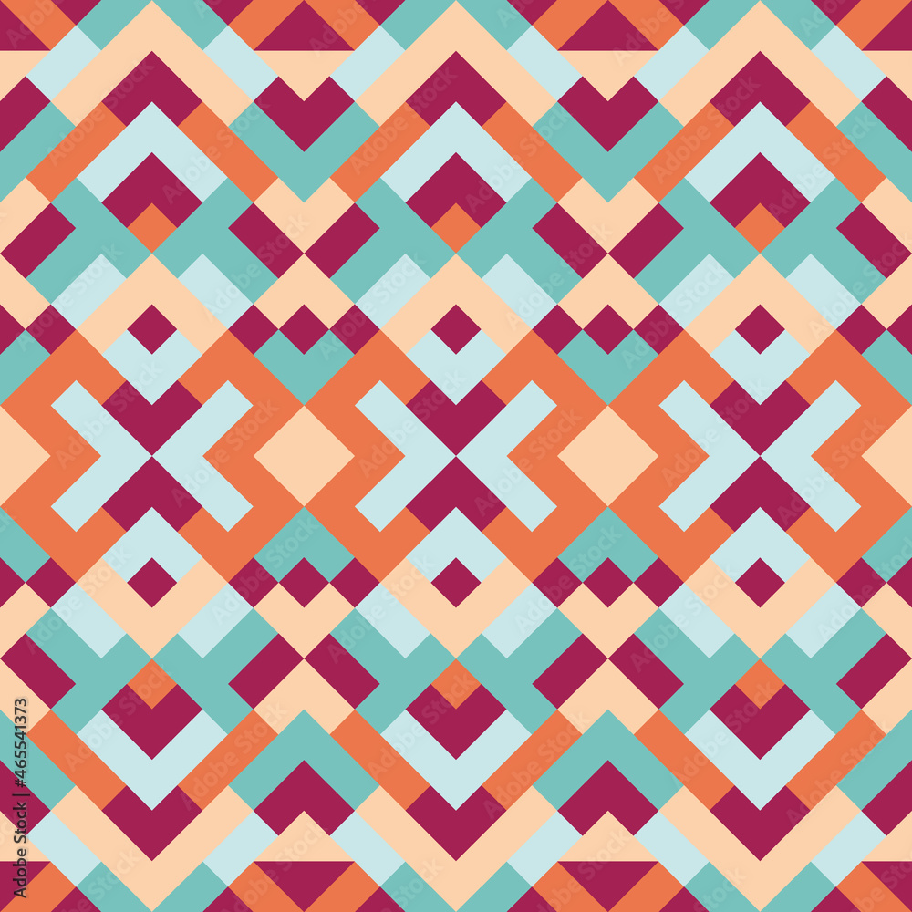 Mosaic seamless texture. Abstract pattern. Vector geometric background of triangles in turquoise, orange and red colors Mosaic seamless texture. Abstract pattern. Vector geometric background of triangles in turquoise, orange and red colors
