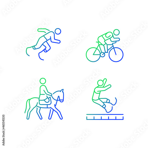 Adaptive sports gradient linear vector icons set. Equestrian and athletic sports. Sportsman with prosthesis. Thin line contour symbols bundle. Isolated outline illustrations collection