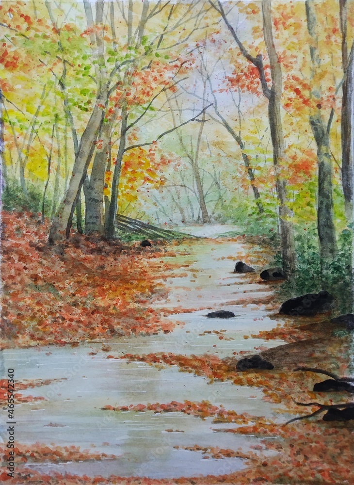 Hand drawn watercolor painting of autumn in the forest. Landscape painting with river, foliage, and colorful trees