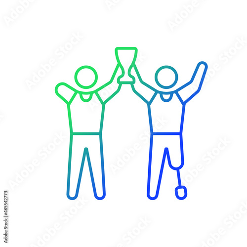 Sportsman with physical impairment gradient linear vector icon. Sport competition winners. Athletes with prize. Thin line color symbol. Modern style pictogram. Vector isolated outline drawing