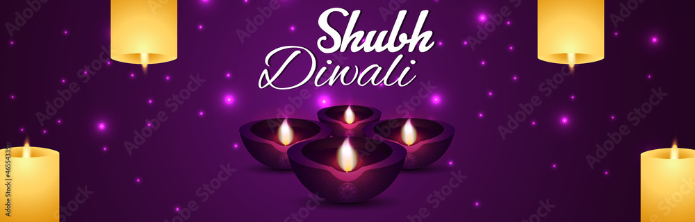 Shubh diwali festival of light celebration banner with diwali diya on purple background Shubh diwali festival of light celebration banner with diwali diya on purple background