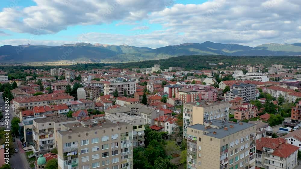 Aerial drone video of Kazanlak town in Stara Zagora Province at the foot of the Balkan mountain range of Bulgaria Aerial drone video of Kazanlak town in Stara Zagora Province at the foot of the Balkan mountain range of Bulgaria