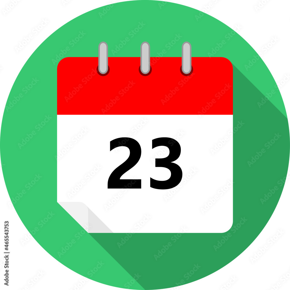 Fototapeta premium white and red calendar page with day 23 written in black and a green circle background whith shadows clipart vector editable changeable image