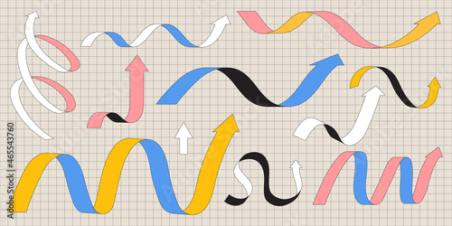 Various cartoon colorful playful arrow pointers set or collection in trendy outline style. Vector illustration of dynamic arrow signs for infographic designs or presentation templates.