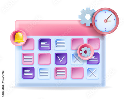 3D calendar schedule illustration, vector appointment plan concept, time job task, clock, notification bell. Online work education agenda, business project planner content management. 3D calendar icon