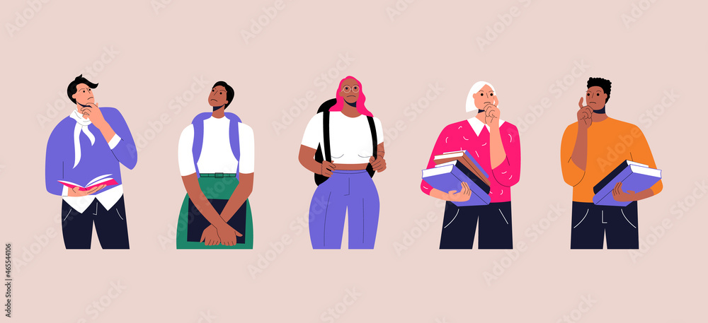 Thoughtful characters. Students of different ethnicities standing in thinking poses. Women and men making decisions and solving problems, perplexity and the thought process, the search for ideas.