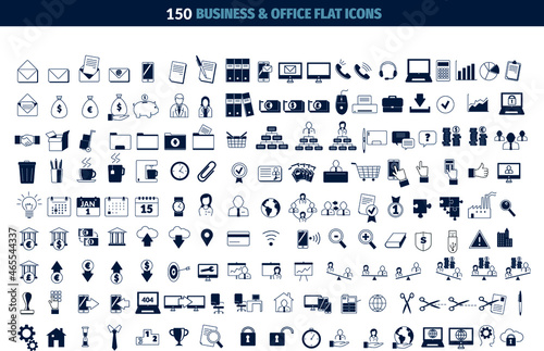 collection d'icônes ou pictogrammes en noir et blanc sur le thème des affaires, du bureau, du travail et de la finance.