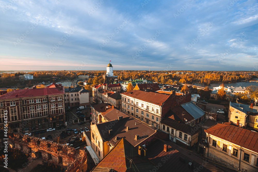 Aeral view of the Tower of St. Olaf and ruined Old cathedral in Vyborg from the Clock Tower in autumn.