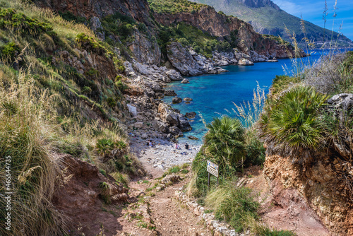 Trail to Disa inlet in Zingaro natural reserve on the shore of Castellammare Gulf on Sicily Island, Italy