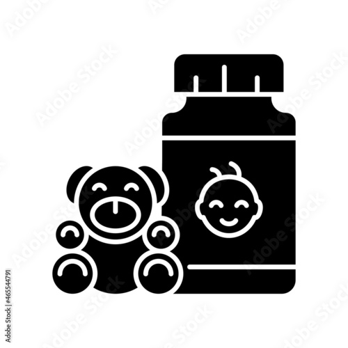 Kid growth supplements black glyph icon. Child development complementary medication. Vitamins for healthy nutrition. Balanced diet. Silhouette symbol on white space. Vector isolated illustration
