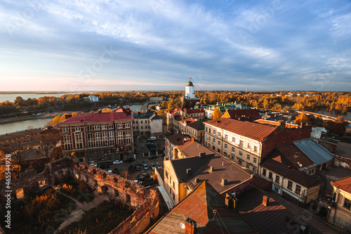 Aeral view of the Tower of St. Olaf and ruined Old cathedral in Vyborg from the Clock Tower in autumn. photo