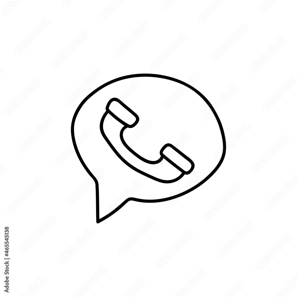 Chat bubble, with phone icon in flat black line style, isolated on white Chat bubble, with phone icon in flat black line style, isolated on white