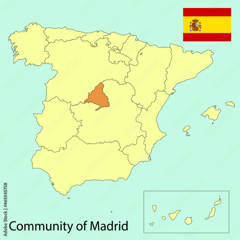 spain map, community of madrid, flag, vector illustration 