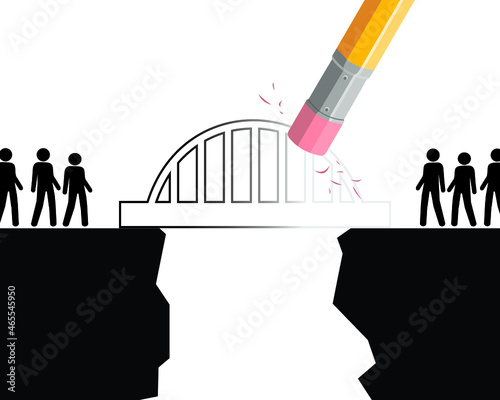 bridge disappearing, pencil eraser, two groups of people, vector illustration 