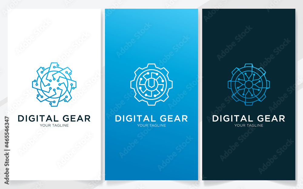 Gear combination with technology elements logo design, vector illustration set