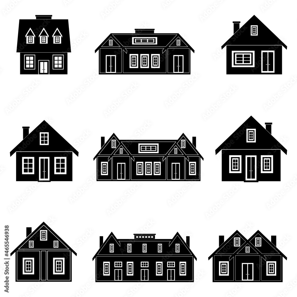 Houses of different houses and different sizes are black on a white background.
