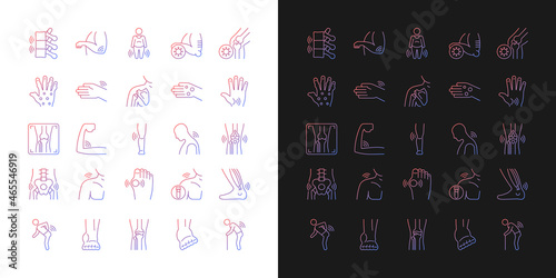 Joints pain gradient icons set for dark and light mode. Rheumatic diseases. Arthritis development. Thin line contour symbols bundle. Isolated vector outline illustrations collection on black and white