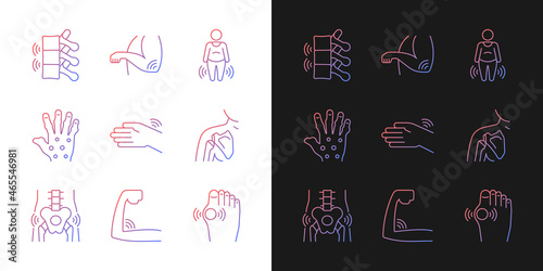 Joint inflammation gradient icons set for dark and light mode. Rheumatoid arthritis. Weak muscles. Thin line contour symbols bundle. Isolated vector outline illustrations collection on black and white