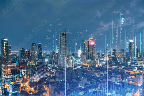 Wallpaper Mural FOREX graph hologram, aerial night panoramic cityscape of Bangkok, the developed location for stock market researchers in Southeast Asia. The concept of fundamental analysis. Double exposure. Torontodigital.ca