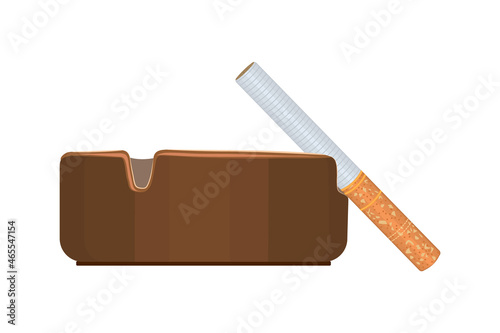 Ashtray with cigarette isolated on white background. Cigarette in brown ceramic ashtray. Crockery for smoking. Side view.Bad habit. Stop smoking and healthy lifestyle concept.Stock vector illustration