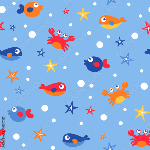 Marine life cartoon seamless pattern design for kids.