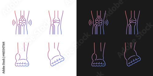 Arthritis leg pain gradient icons set for dark and light mode. Degenerative joint disease. Thin line contour symbols bundle. Isolated vector outline illustrations collection on black and white