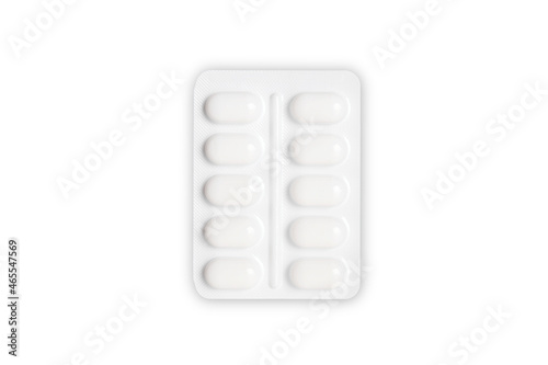 Pills package, tablets on white background isolated. Medicine, healthcare concept.