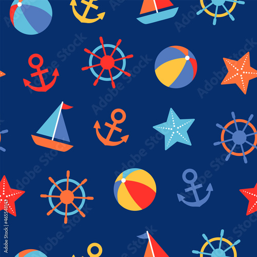 Nautical kids style seamless pattern with anchor, ball, sailboat, starfish and boat steering wheel.