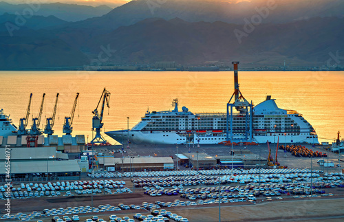 Morning view on marine cargo commercial port at the Red Sea, Middle East