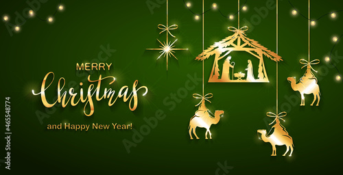 Christian Christmas Elements on Green Background