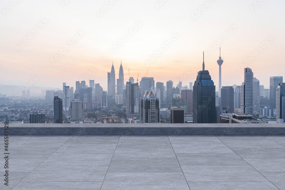 Panoramic Kuala Lumpur skyline view, concrete observatory deck on rooftop, sunset. Asian corporate and residential lifestyle. Financial city downtown, real estate. Product display mockup empty roof